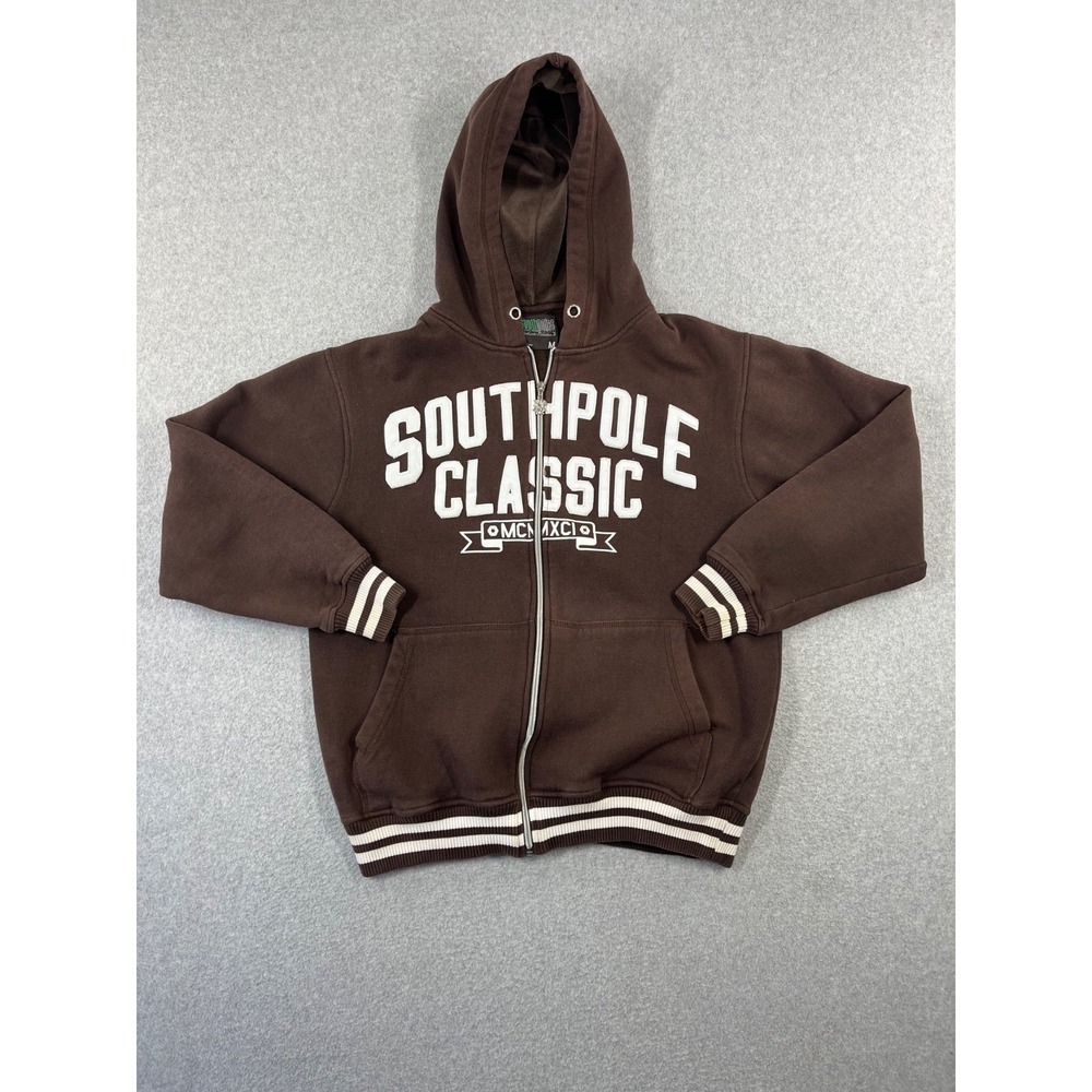 Southpole Classic Hoodie Mens M Brown Fleece Spell Out Full Zip Sweatshirt Y2K